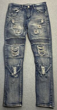 GSTR Men’s Distressed Moto Skinny Jeans Blue Biker Stretch Denim Size 30